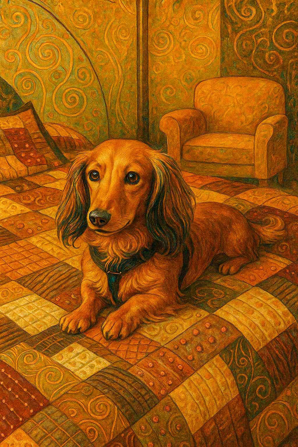 Dachshund portrait with decorative patterns and golden elements