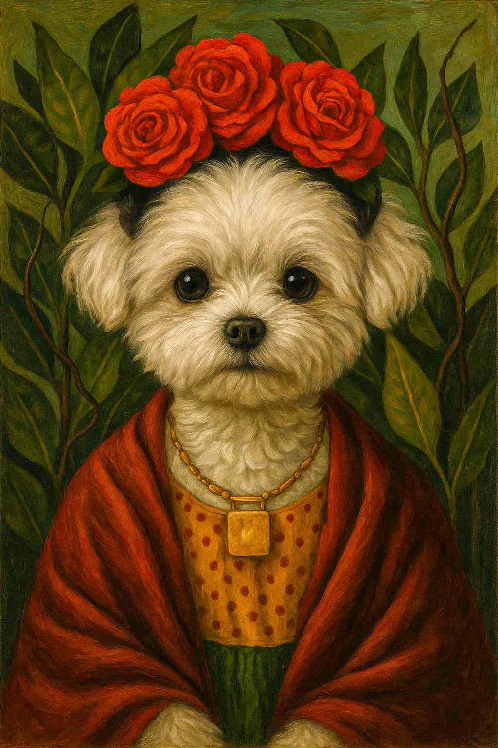 Dog portrait with rich floral designs and folk art influences