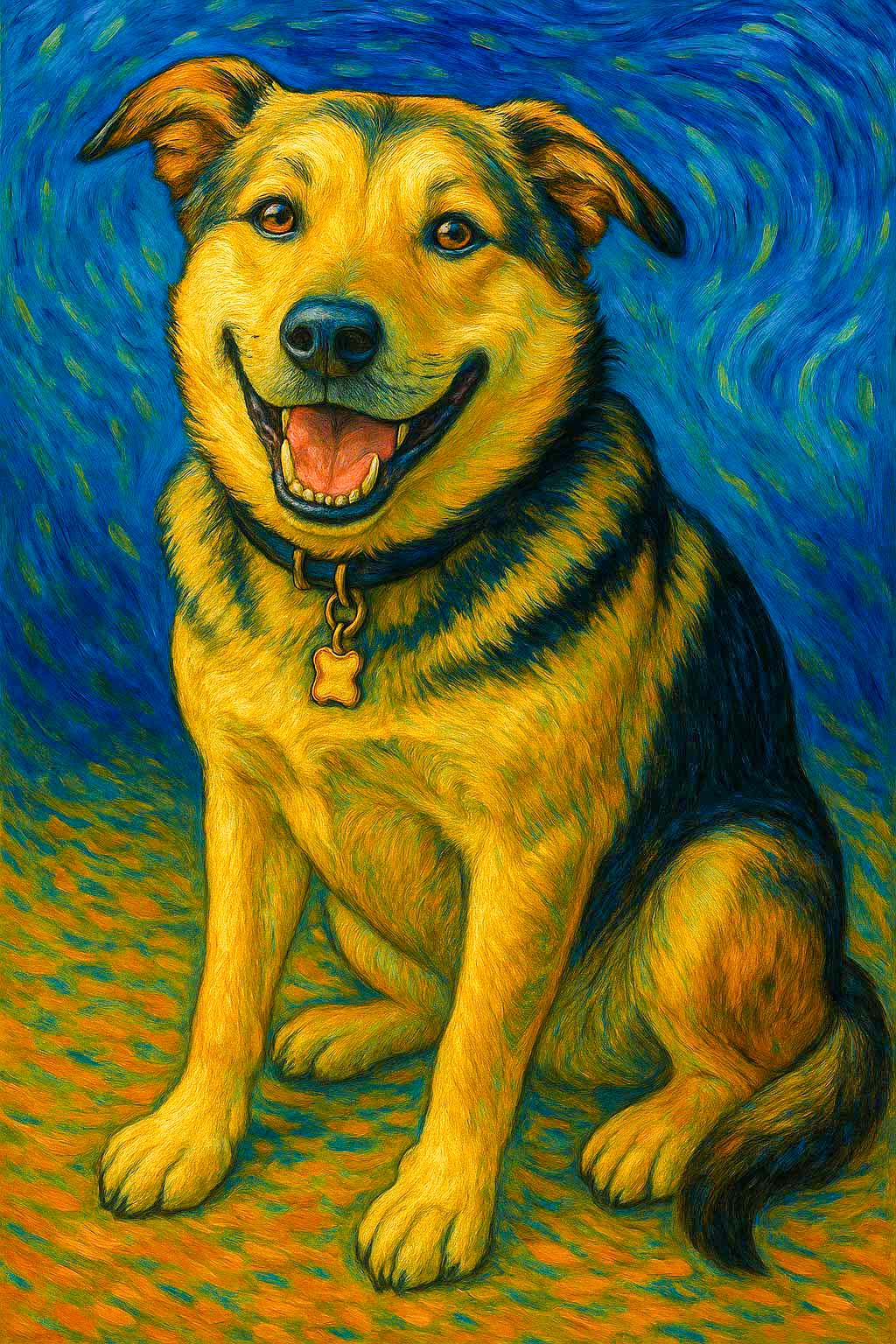 Dog portrait with swirling brushstrokes and vivid color