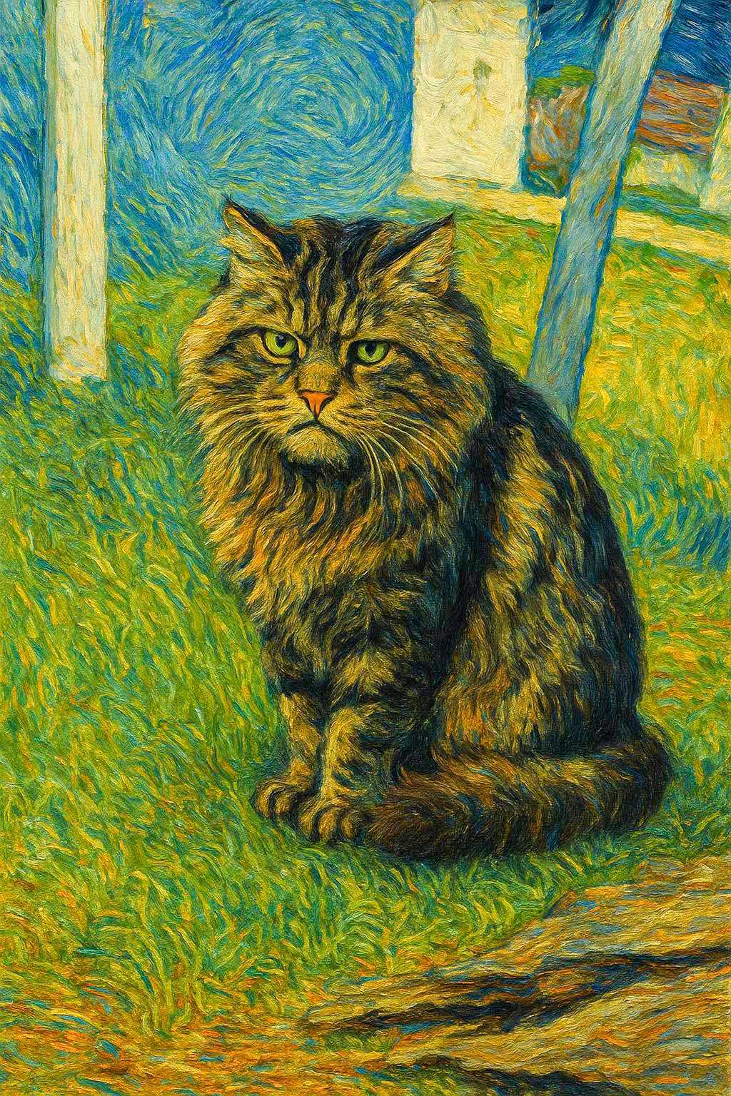 Cat portrait with expressive brushstrokes and vivid emotion