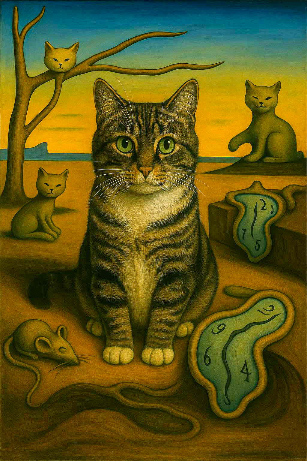 Cat portrait in a dreamlike desert setting with surrealist elements
